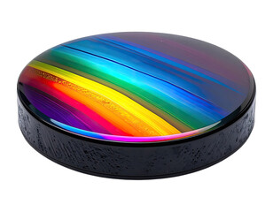 Colorful, round object with rainbow gradient design on top and textured, dark base