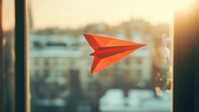 A vibrant, red paper airplane floats near a window, with a blurred cityscape in the background