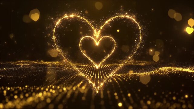 Golden heart symbol shines bright in dark space with sparkling particles