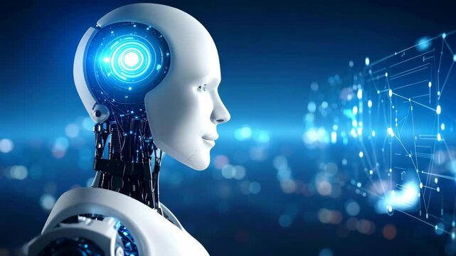 Humanoid robot head with glowing blue circuit brain in profile against a futuristic digital network