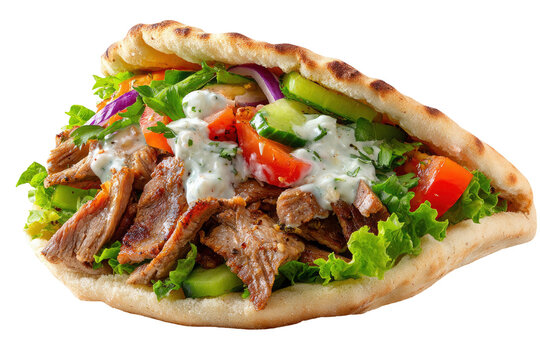 Delicious Gyro Sandwich with Meat and Fresh Vegetables in Pita Bread Isolated on Transparent Background