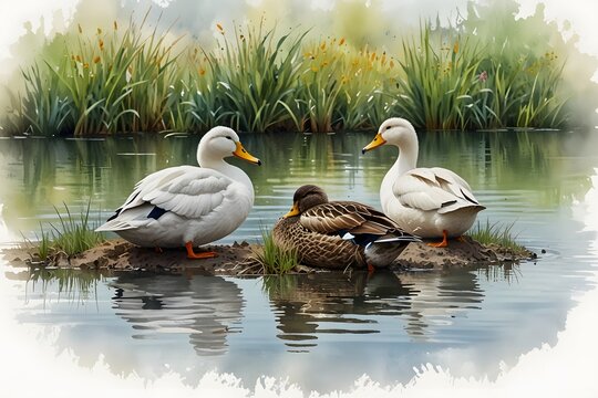 Ducks preening their feathers on the pond bank