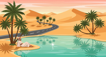 Obraz premium Serene Desert Oasis with Palm Trees and Winding Road