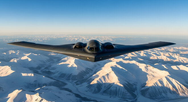 A B-2 Spirit stealth bomber flying high above snow-covered mountains and valleys under a clear blue sky.