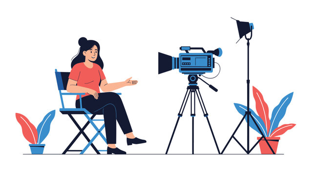 Young woman sits in a directors chair for a video interview in a professional media production studio with cameras and lights.