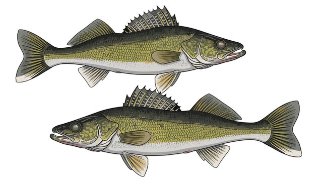 Two walleye fish swimming side by side in a detailed nature illustration highlighting their characteristic patterns and colors.
