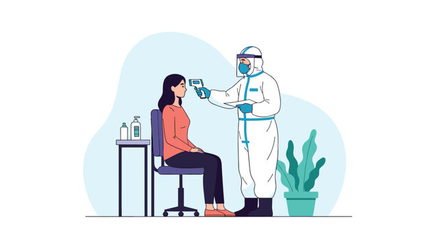 Healthcare worker in a full protective hazmat suit uses an infrared thermometer to check a woman's temperature at a clinic.