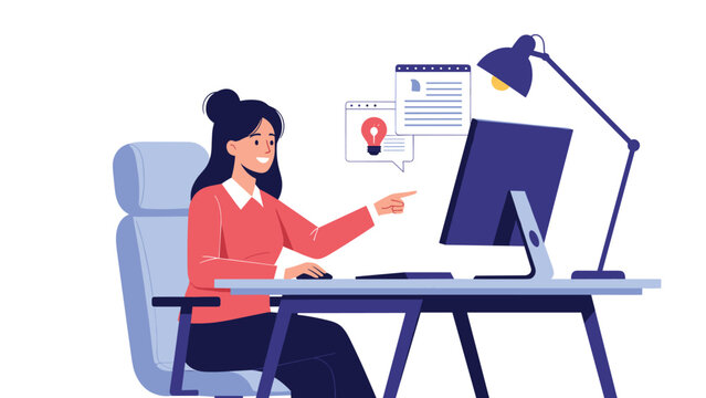 Young woman at her desk points to a computer screen while new creative ideas and document icons appear as floating bubbles.