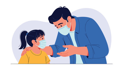 Obraz premium Caring father looking at his young daughter while both wear protective face masks to stay safe and healthy while outdoors.
