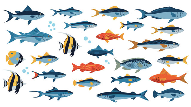 Large collection of various colorful tropical fish illustrations for marine life education and aquarium decorative themes.
