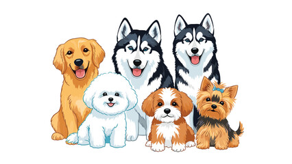 Adorable group of different dog breeds including husky, golden retriever, bichon frise, and yorkshire terrier sitting together.