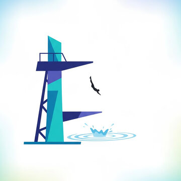A stylized illustration depicting a diver in mid-air, captured in a dynamic pose as they fall from a modern diving platform towards a pool
