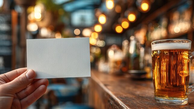 Modern Business Card Mockup Held In Hand With Beer In Bar