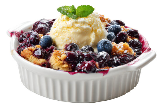 Delicious berry cobbler with vanilla ice cream isolated on transparent background. blueberry cobbler with ice cream and mint leaf garnish isolated on white background.