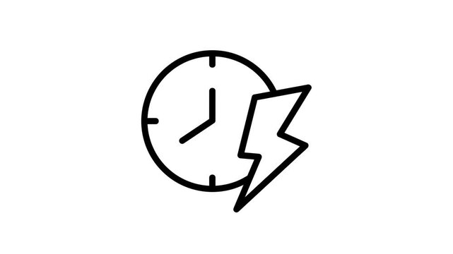 Animated clock with a lightning bolt icon. Represents an efficiency, energy contract, power usage, electricity bill, or sustainable resource management.