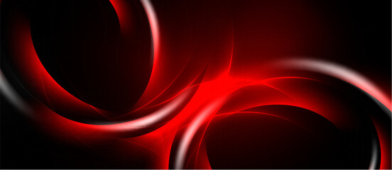 Abstract red swirls dominate dark background. Smooth curves create dynamic, flowing visual effect. Intense color contrasts present modern design.