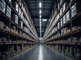 Fototapeta premium Aisle in a large warehouse with shelves and boxes