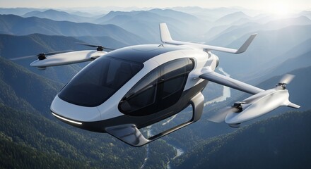 Fototapeta premium Modern electric aircraft flying over mountains with forest