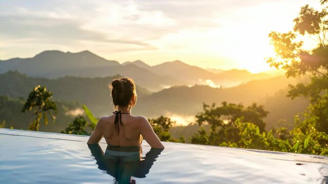 Woman in infinity pool overlooking misty mountain landscape at sunrise