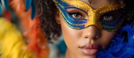 Obraz premium Portrait of a beautiful young woman with a mask and feathers