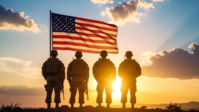 Four soldiers in silhouette stand facing a waving American flag at sunset