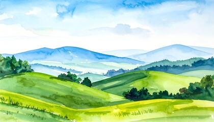 Watercolor painting of rolling green hills, blue mountains, and sky