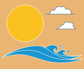 Simple flat design of sunny day at the beach, ocean waves vector illustration.