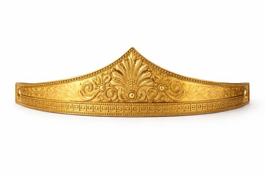 Ancient Greek gold funerary diadem thin sheet peaked center repousse palmette and geometric bands studio photo isolated on white background