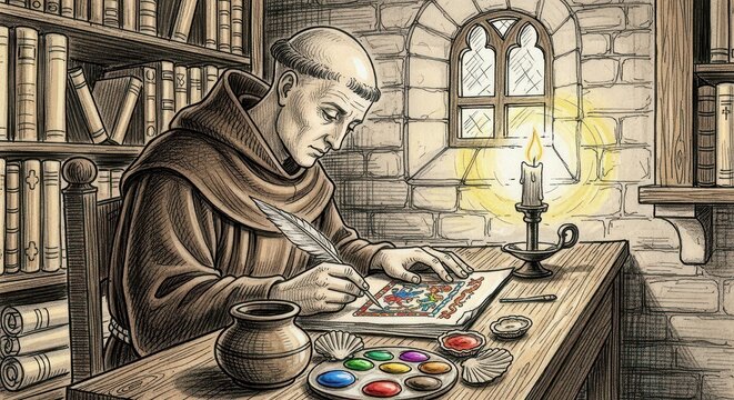 Monastic scribe meticulously illuminates manuscript pages by candlelight within a scriptorium setting