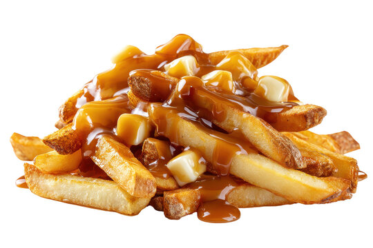 Delicious poutine with cheese curds and gravy isolated on transparent background. Poutine dish with fries, cheese curds and gravy isolated on white background.