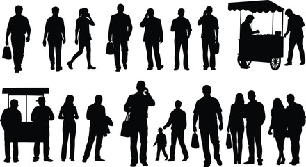 Urban people silhouettes, walking pedestrians and street food vendors © Charutha