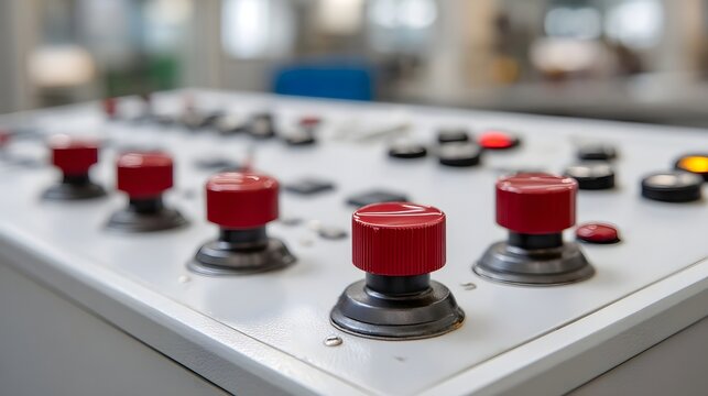 Detailed view of a white industrial control panel featuring prominent red push button switches and various controls