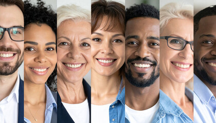 Fototapeta premium Collage mosaic of many multiracial people of different age and ethnicity faces headshots close up portraits. Lot of happy mixed multicultural diverse business people group photo collection concept