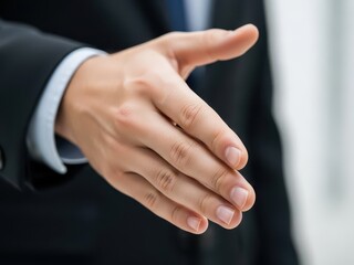 Obraz premium A businessmans hand extended for a handshake in a professional setting with a blurred background