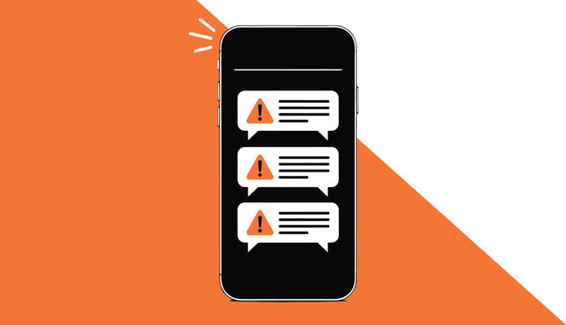 Smartphone notification alerts with warning sign on screen display