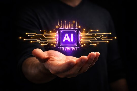 AI Technology in Hand: A conceptual representation of artificial intelligence is artfully displayed on a person's palm, showcasing interconnected circuits and glowing circuitry.