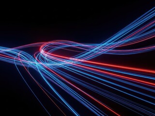 Glowing blue and red neon light trails on a dark background with abstract curves and lines