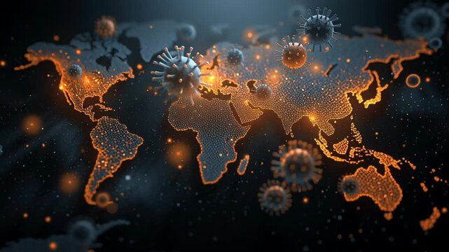 Global health risk concept illustration, abstract virus particles spreading across a world map silhouette, dramatic but responsible tone, cinematic lighting, realistic scientific detail, professional 