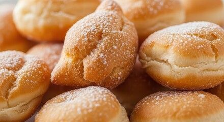 Pile of freshly fried, yeast-raised pastries dusted with fine white sugar sits ready for eating