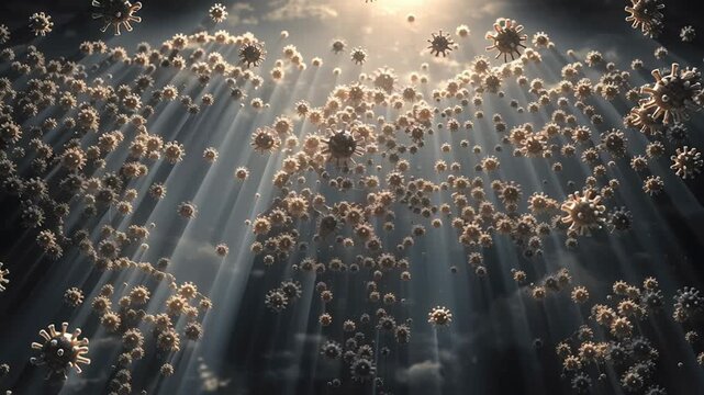 Global health risk concept illustration, abstract virus particles spreading across a world map silhouette, dramatic but responsible tone, cinematic lighting, realistic scientific detail, professional 