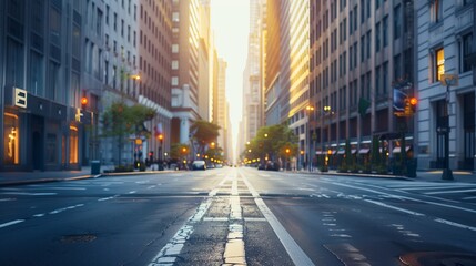 Empty Urban Street At Sunrise With Skyscrapers And Strong Linear Perspective