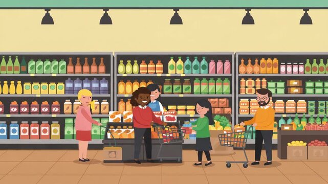 Diverse Shoppers At A Supermarket Interior With Shelves of Colorful Products In A Flat Cartoon Style