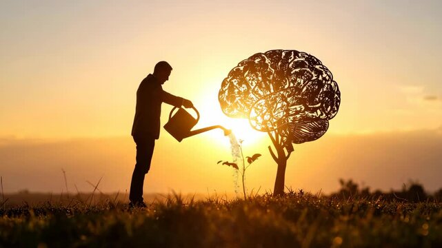 Silhouette man waters brain tree growing intelligence and knowledge at sunset