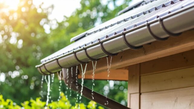 Rainwater flows from a dark brown gutter along the edge of a metallic roof and wooden structure