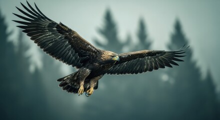 Naklejka premium Majestic eagle soaring through misty forest with wings spread wide