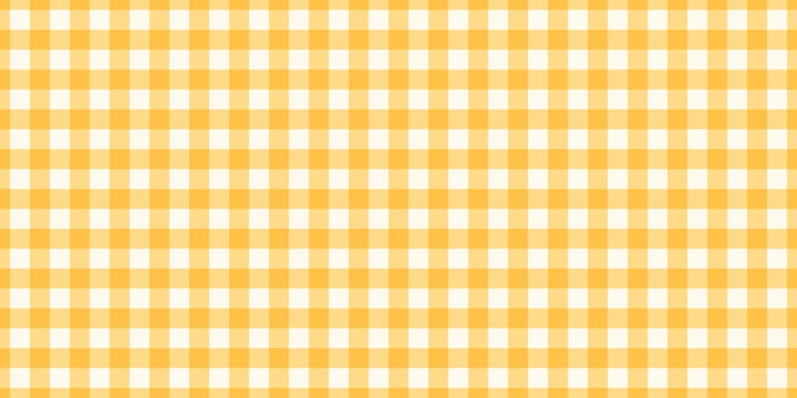 Yellow gingham fabric seamless pattern. Cute check plaid. Picnic kitchen tablecloth texture. Gingham square vintage texture. Vector illustration isolated on white background.