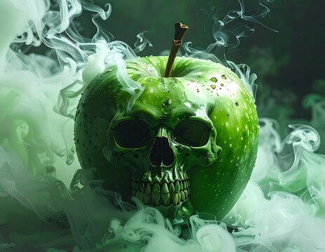 A green apple with a skull face surrounded by smoke