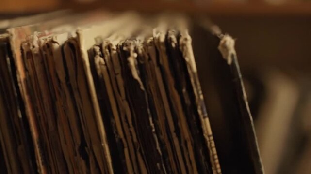 vintage book pages in a wooden shelf, old library archive