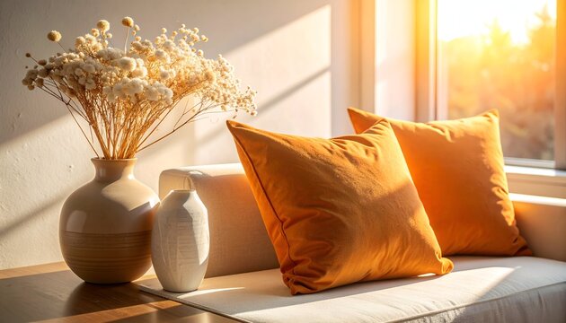 Sunny room corner with pillows, vase of dried flowers, and natural light