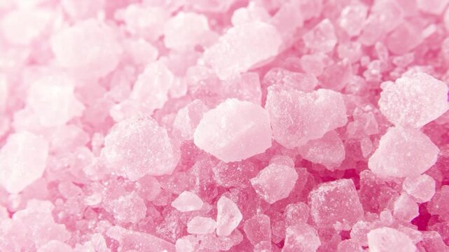 Close-up macro of coarse, crystalline pink crystals, possibly salt, illuminated with soft light